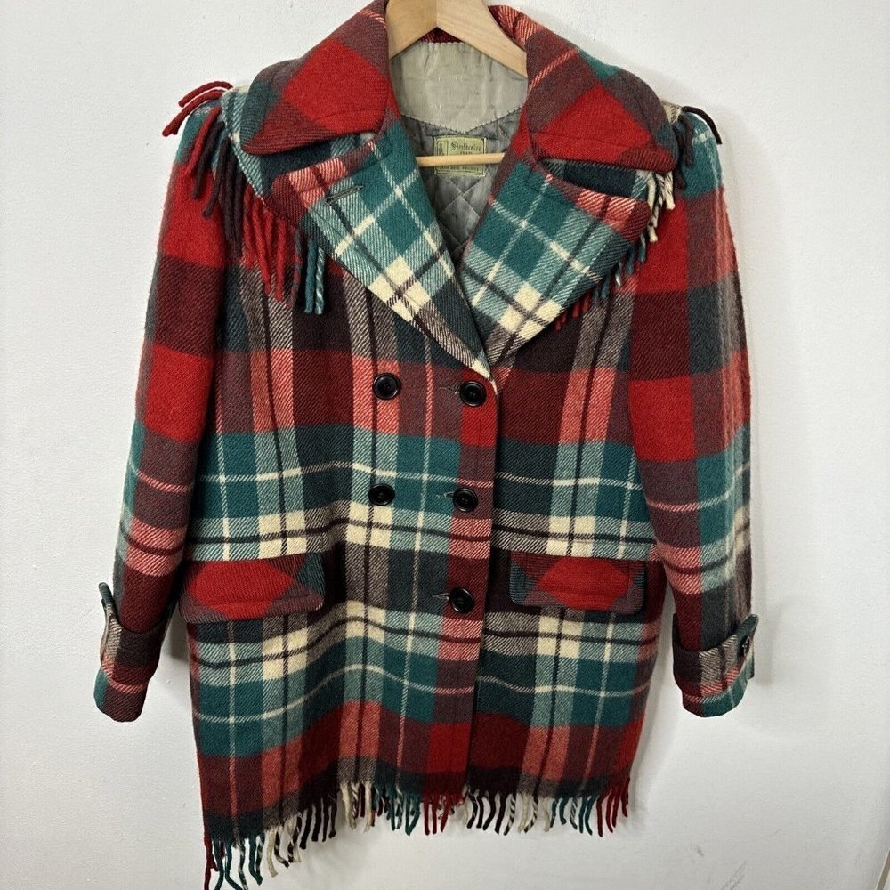 Vintage 50’s Woman L Plaid Wool Eatons Ayers Coat Rockabilly Fringe‎ Western